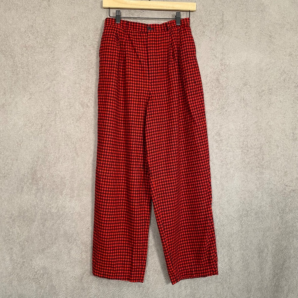 Vintage LL Bean Wool Plaid Pants Size 12 Red Straight Leg Made USA Cabincore